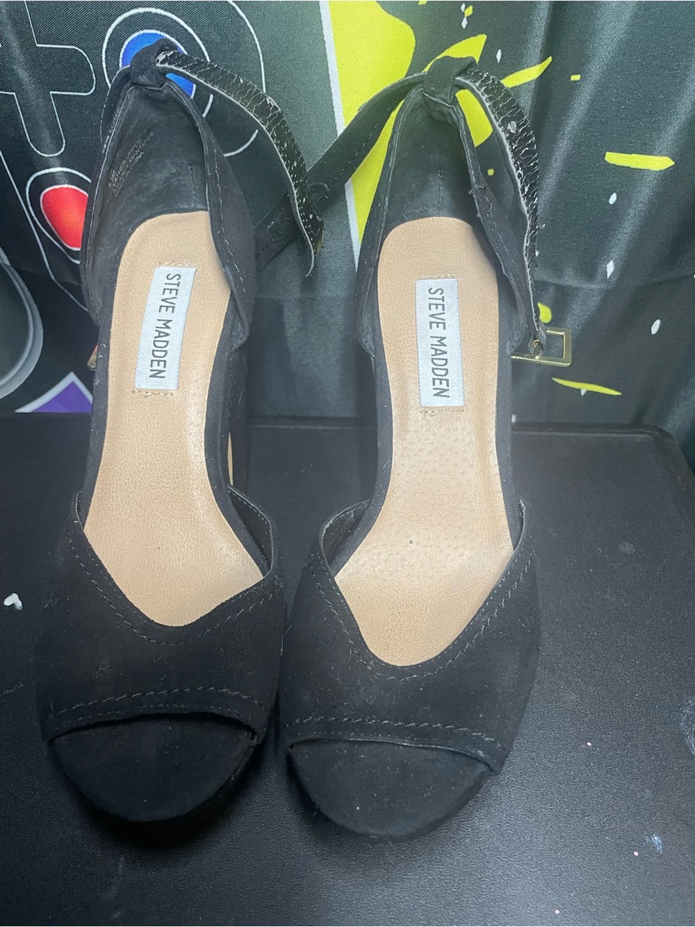 Steve Madden Black Suede Peep-Toe Ankle Strap Heels